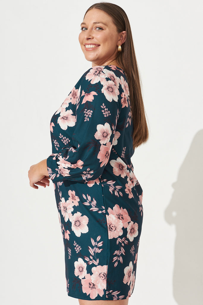 Riley Shift Dress In Teal With Blush Floral - Side