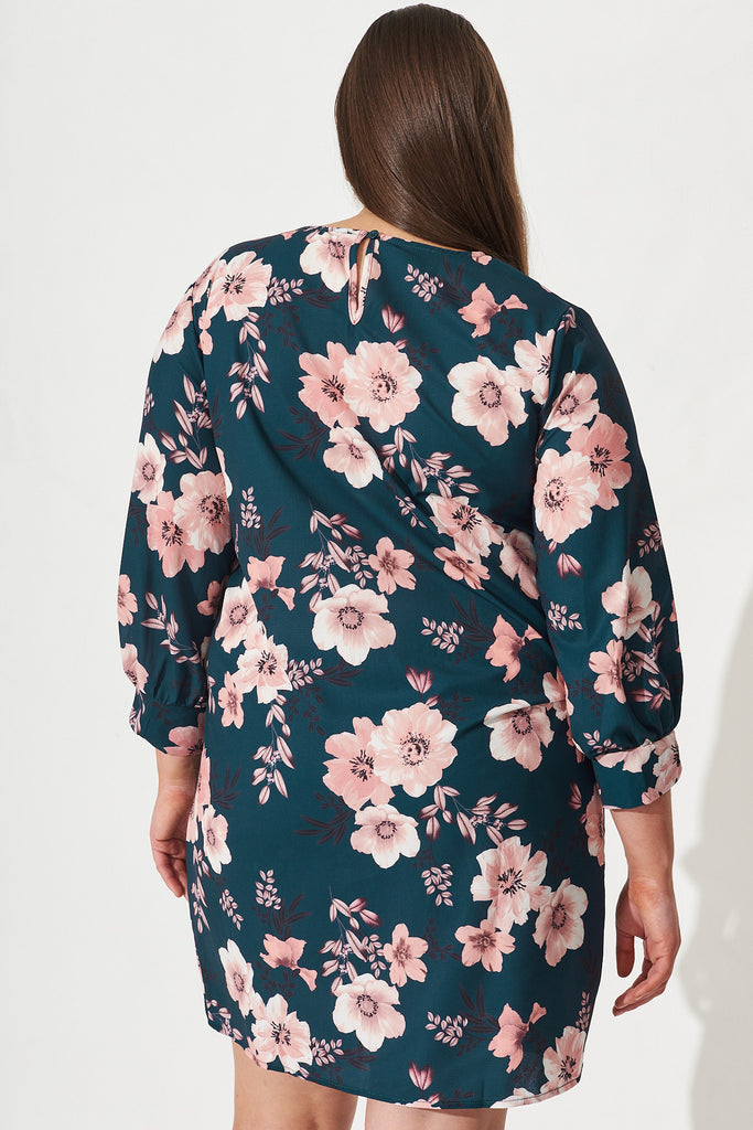 Riley Shift Dress In Teal With Blush Floral - Back