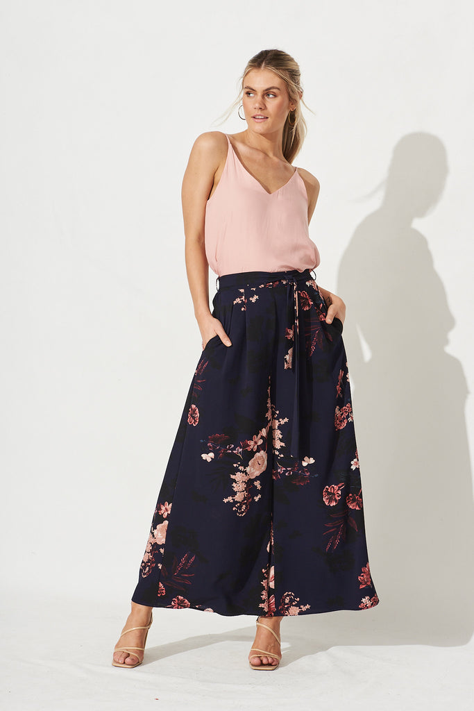 High Hopes Pants In Navy With Pink And Blush Floral - Full Length