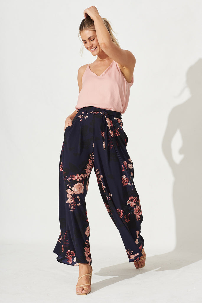High Hopes Pants In Navy With Pink And Blush Floral - Full Length Detail
