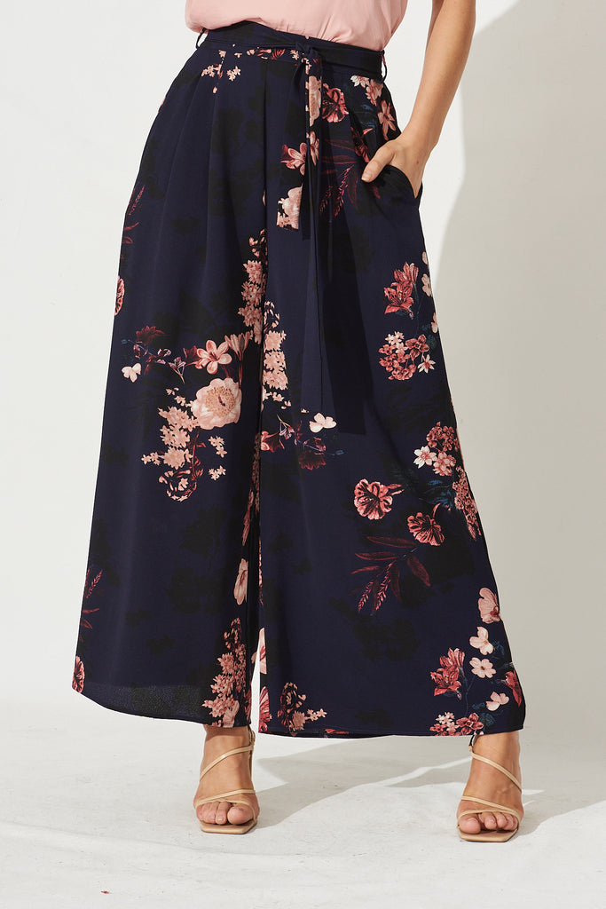 High Hopes Pants In Navy With Pink And Blush Floral - Front