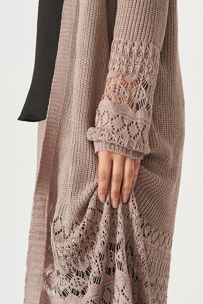 Aysha Long Line Crochet Cardigan In Mocha - Detail