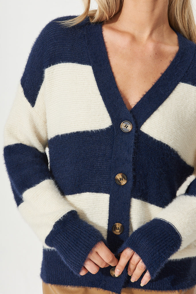 Corso Stripe Knit Cardigan In Navy And White - Detail