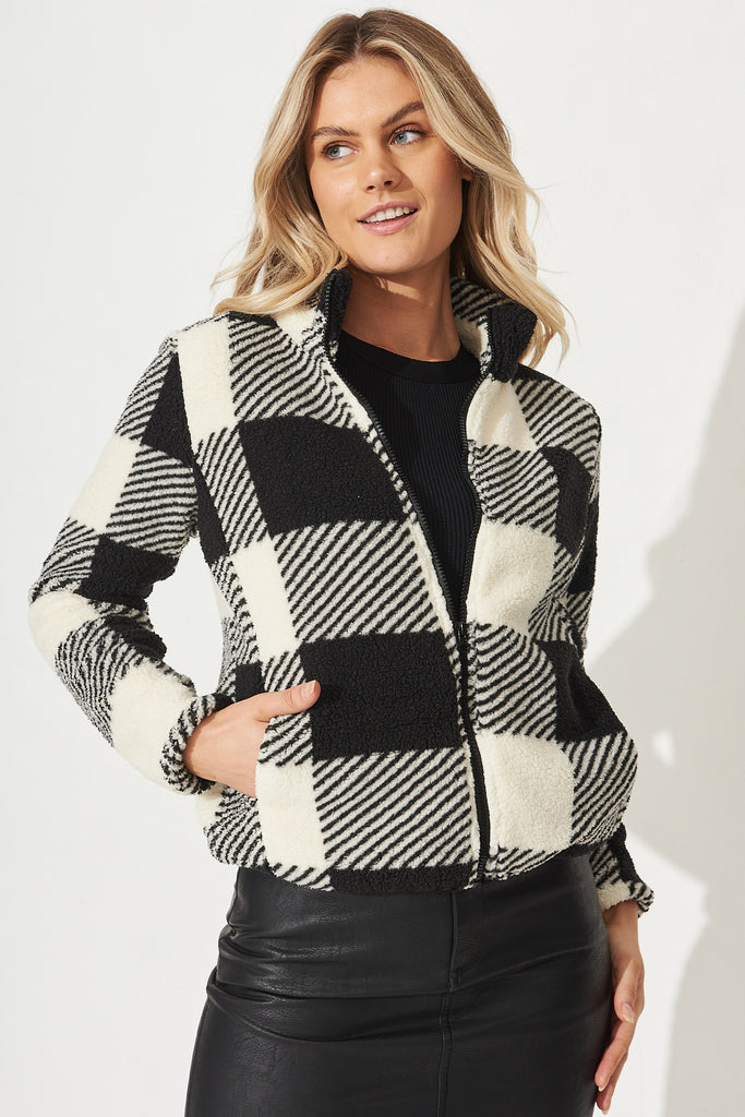 Linea Fluffy Jacket In Black With Beige Check - Front