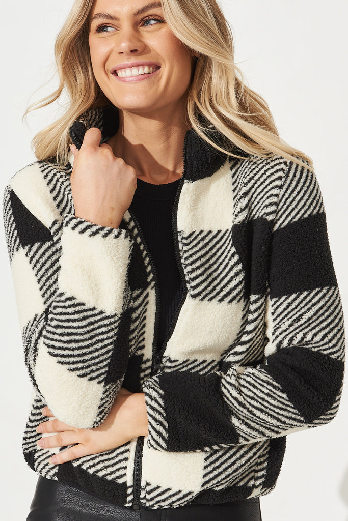 Linea Fluffy Jacket In Black With Beige Check - Front Detail