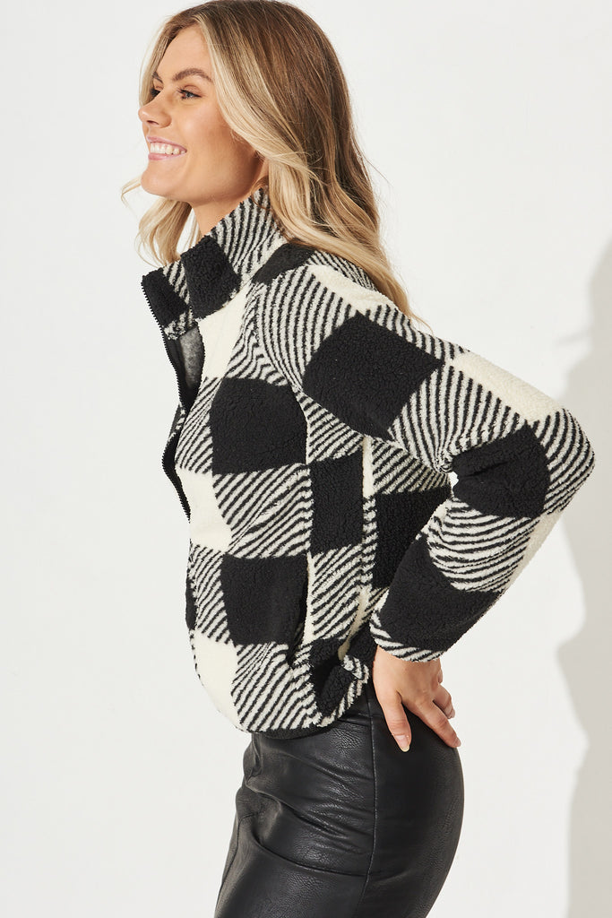 Linea Fluffy Jacket In Black With Beige Check - Side