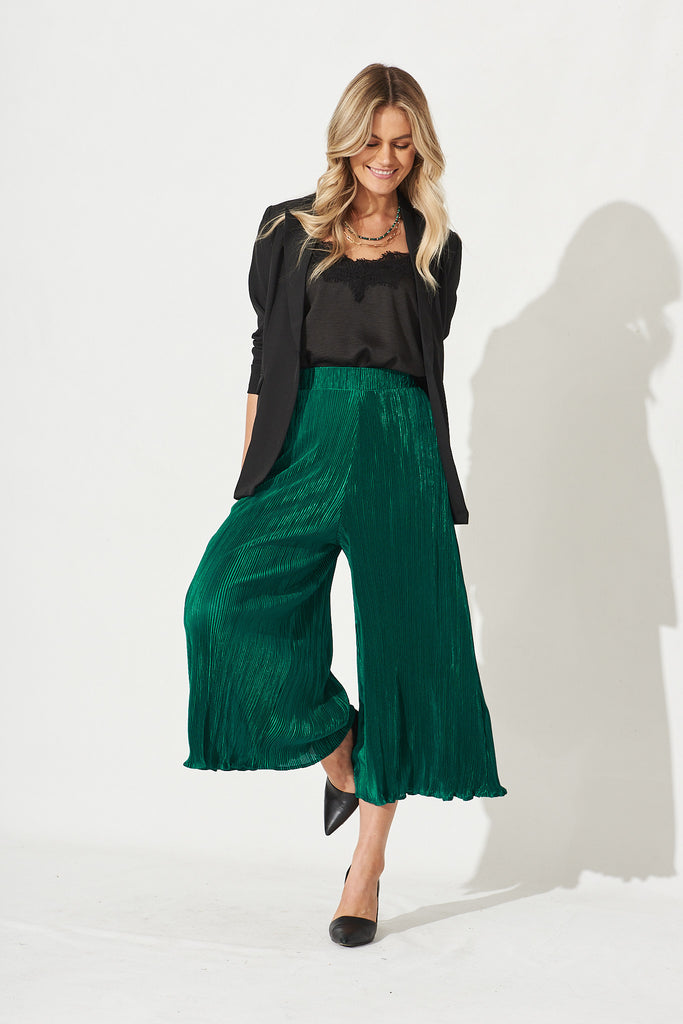 Rowena Pants In Emerald Plisse - Full Length