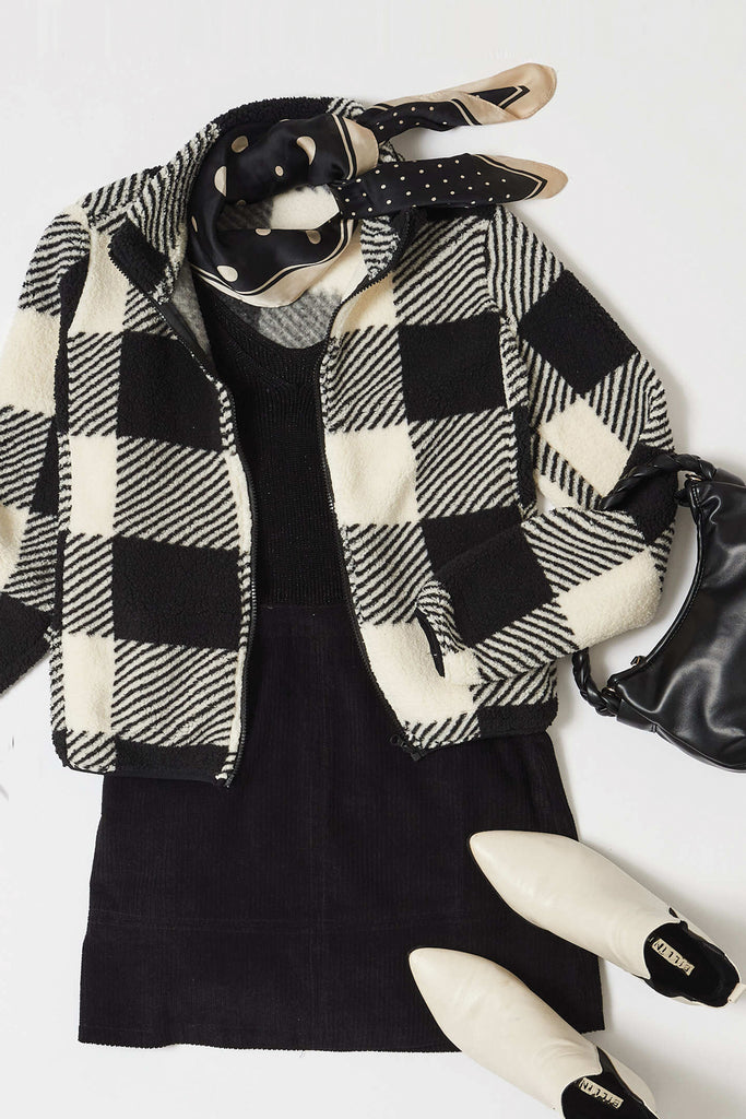 Linea Fluffy Jacket In Black With Beige Check - Flatlay