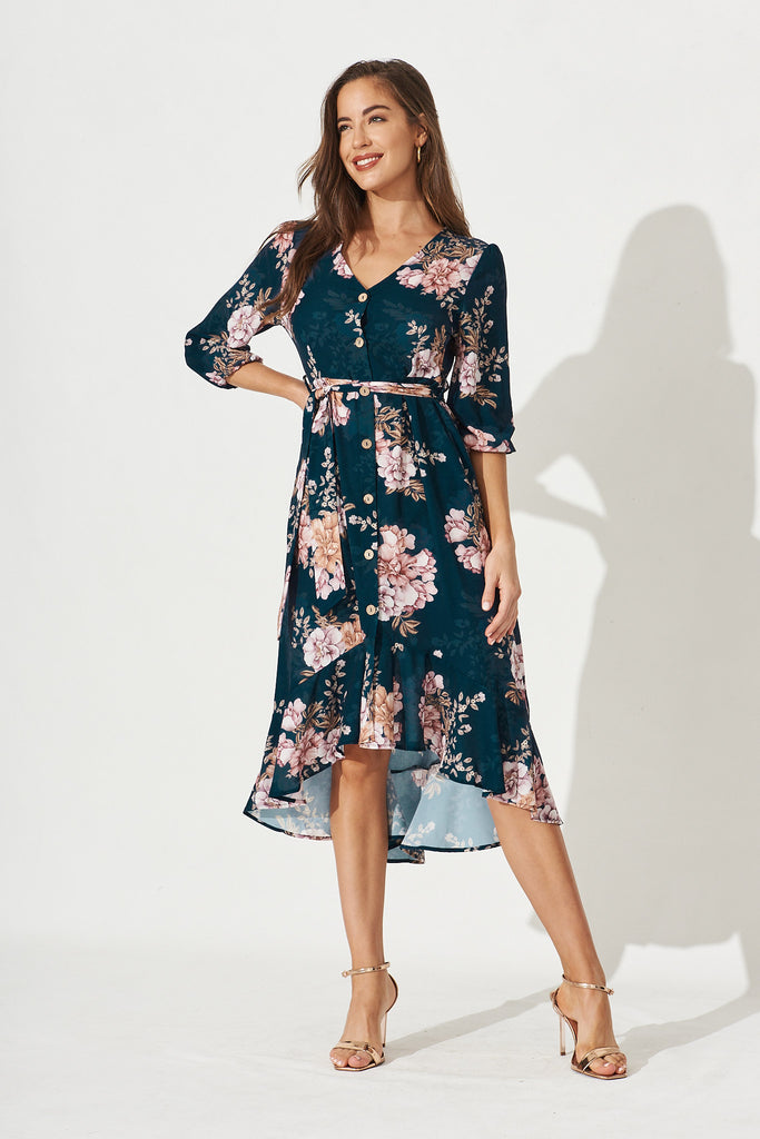 Cora Midi Dress In Teal With Blush Floral - Full Length
