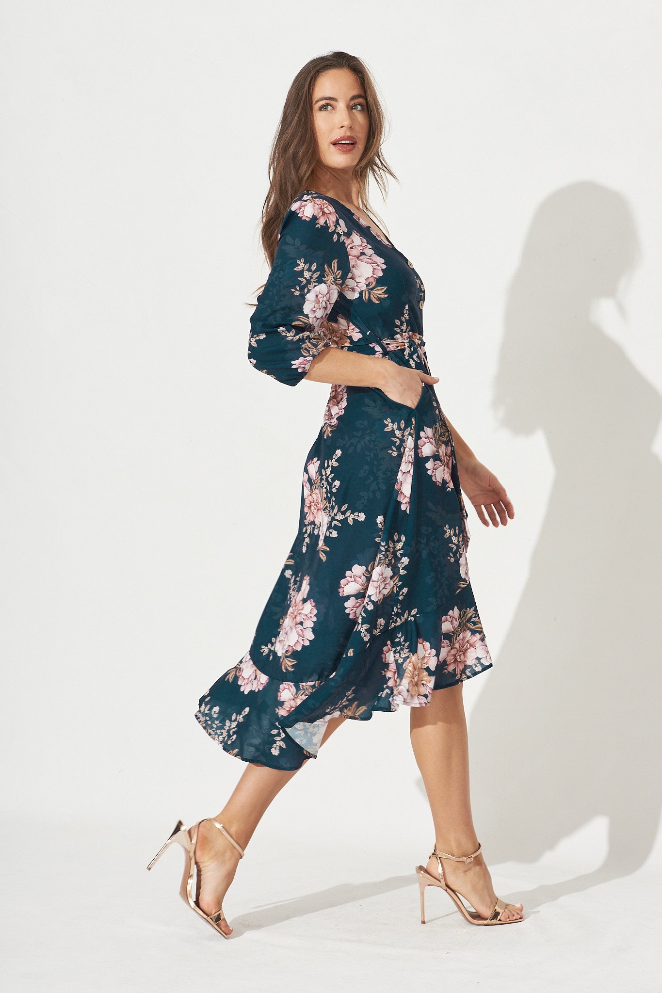 Cora Midi Dress In Teal With Blush Floral - Side