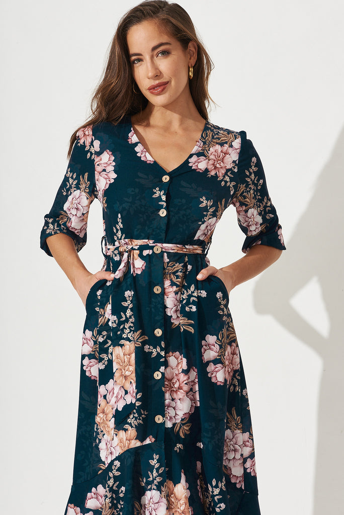 Cora Midi Dress In Teal With Blush Floral - Front