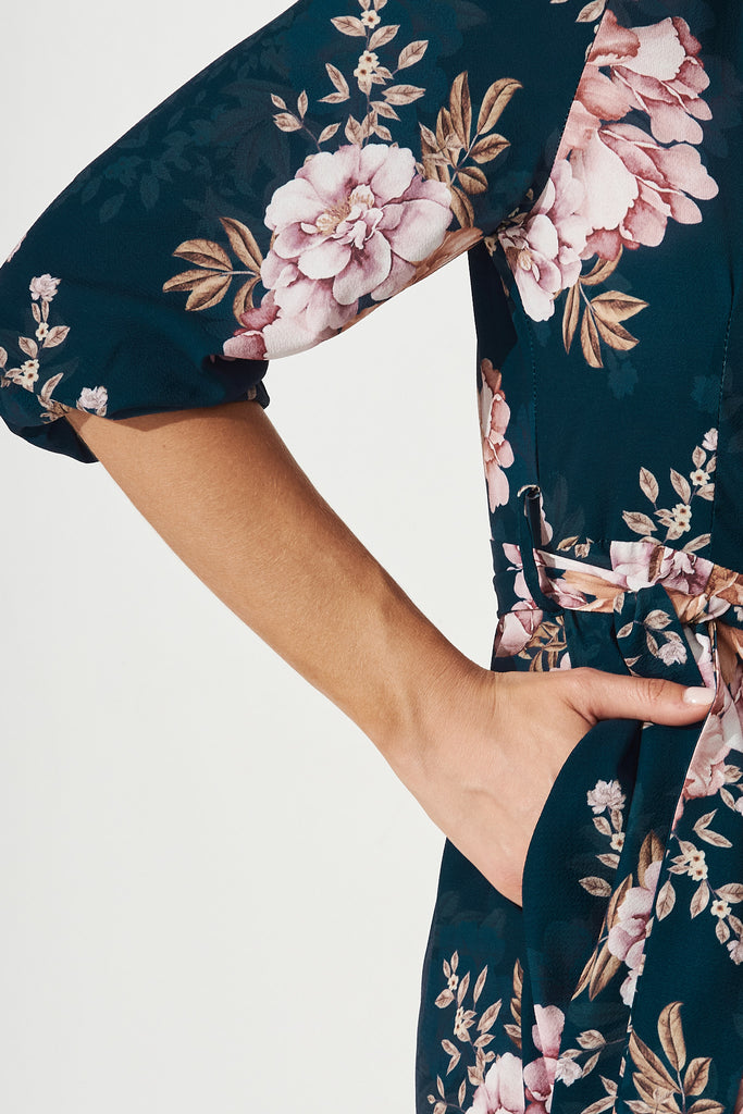 Cora Midi Dress In Teal With Blush Floral - Detail