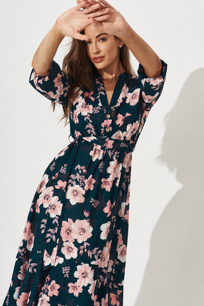 Jemimah Midi Dress in Teal with Blush Floral - Front