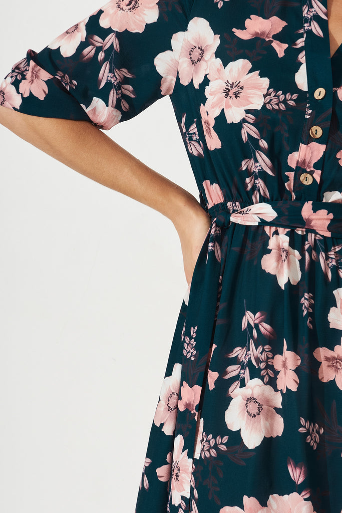 Jemimah Midi Dress in Teal with Blush Floral - Detail
