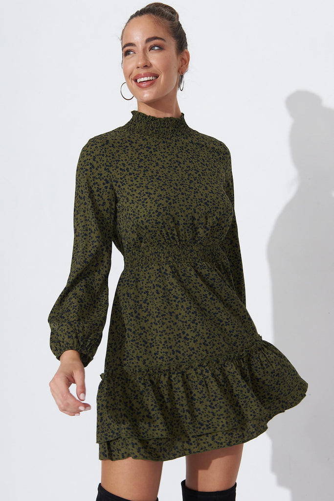 Audree High Neck Dress In Emerald Leaf Print - Front