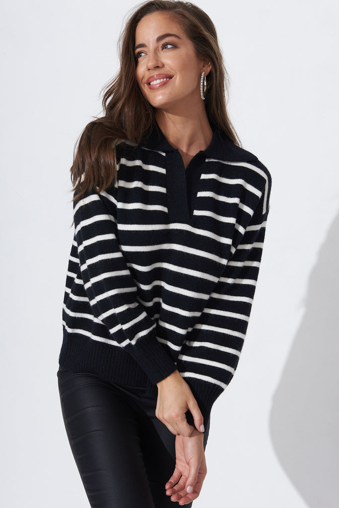 Shana Knit in Black with Cream Stripe - Front