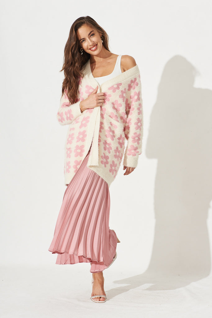 Fressy Knit Cardigan in Cream with Pink Floral - Full Length