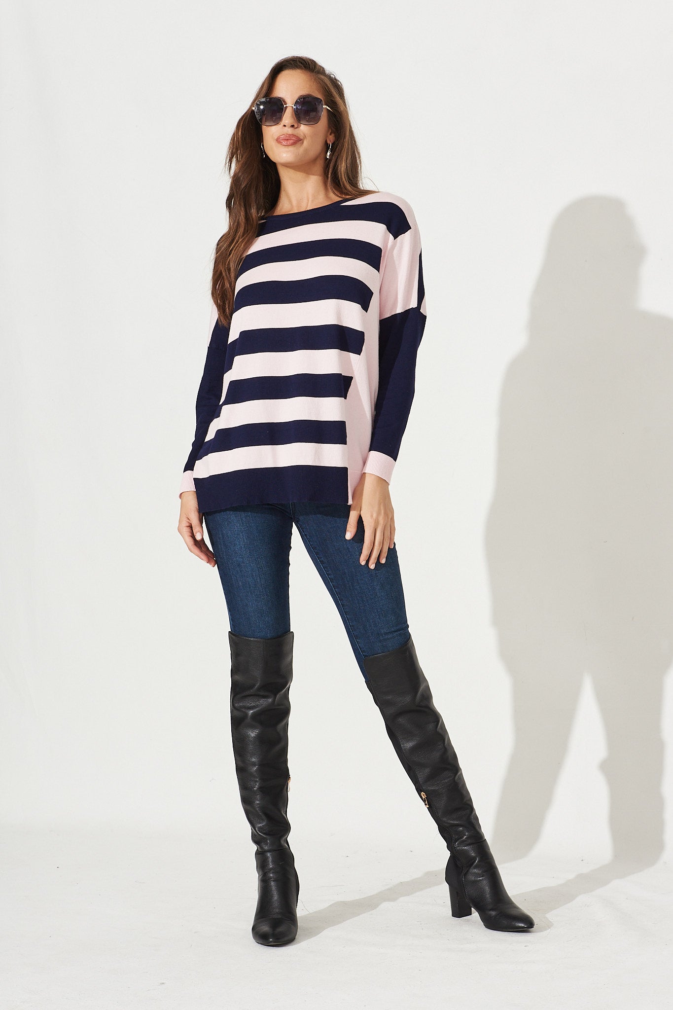 Riviera Knit Top In Navy With Blush Stripe - Full Length