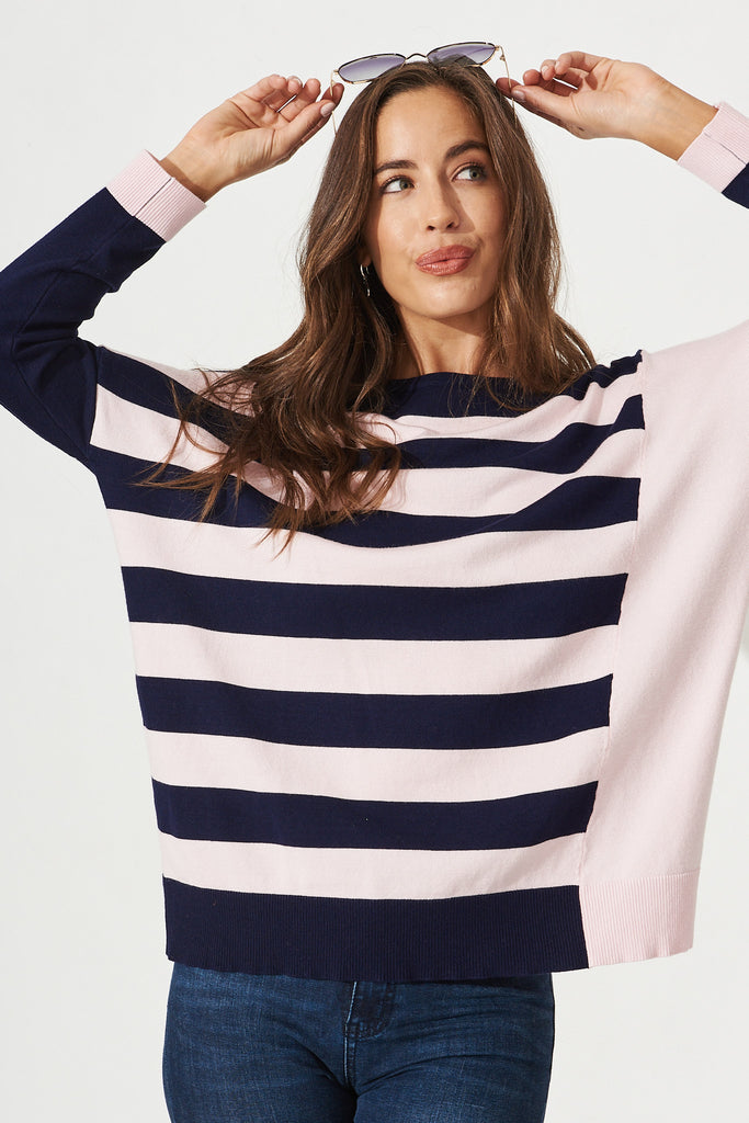 Riviera Knit Top In Navy With Blush Stripe - Front Detail