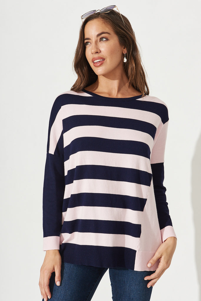Riviera Knit Top In Navy With Blush Stripe - Front