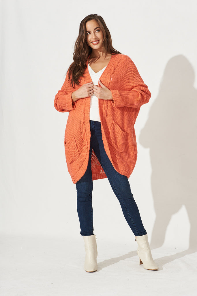 Carmelita Cable Knit Cardigan In Coral - Full Length