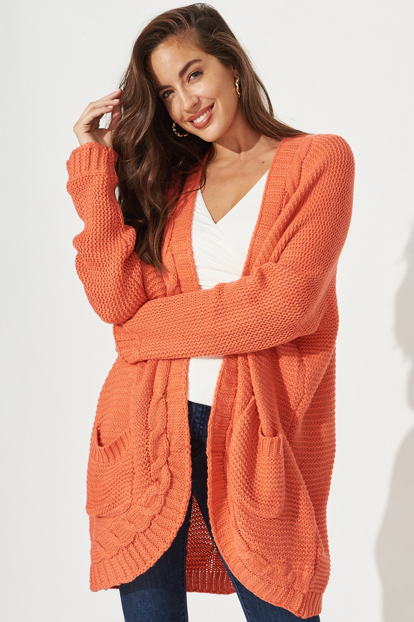 Carmelita Cable Knit Cardigan In Coral - Front