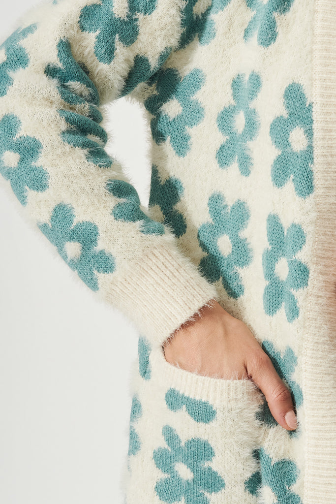 Fressy Knit Cardigan in Cream with Green Floral - Detail