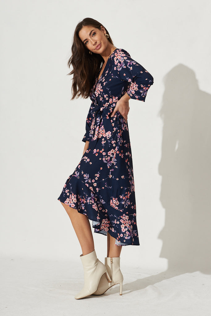 Mabo Midi Dress In Navy With Cherry Blossom - Side