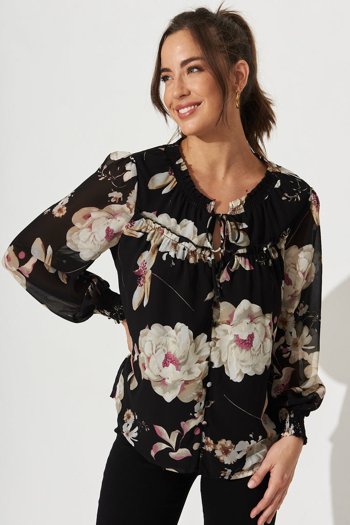 Constantina Blouse In Black Floral Chiffon - Front