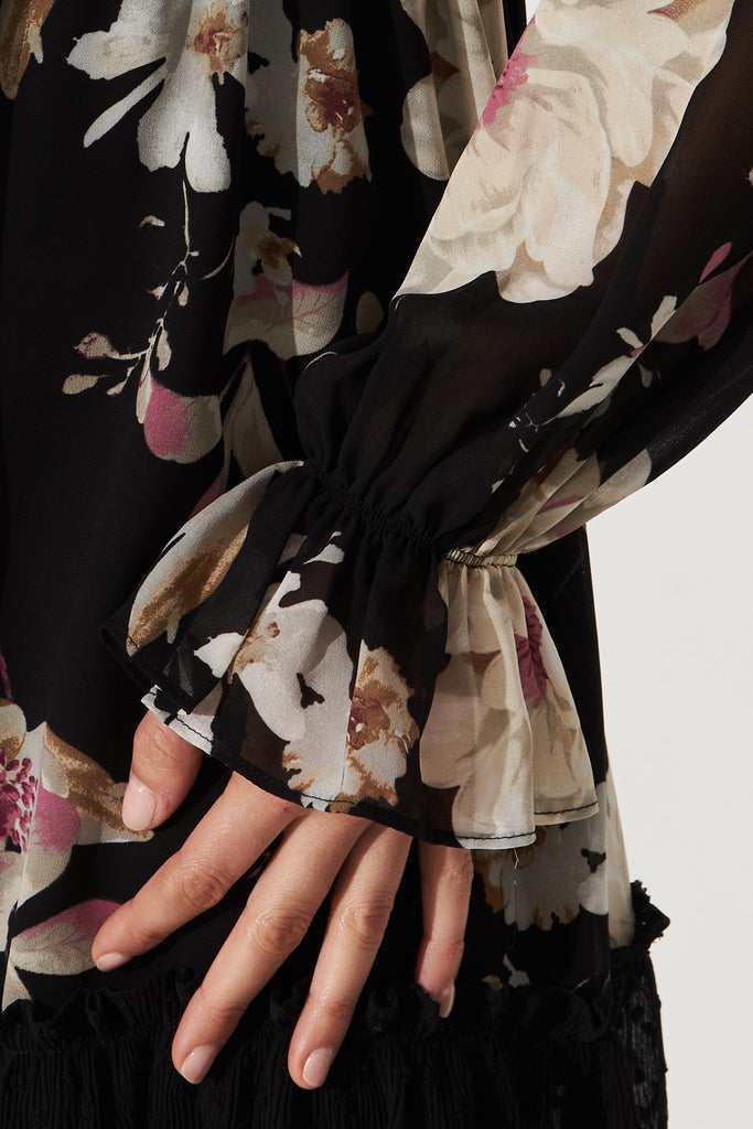 Azalea Dress In Black Floral Chiffon - Detail