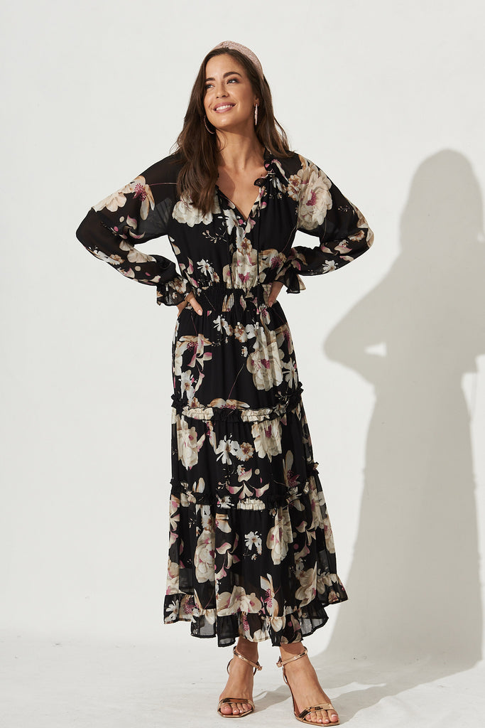 Candise Maxi Dress In Black Floral Chiffon - Full Length