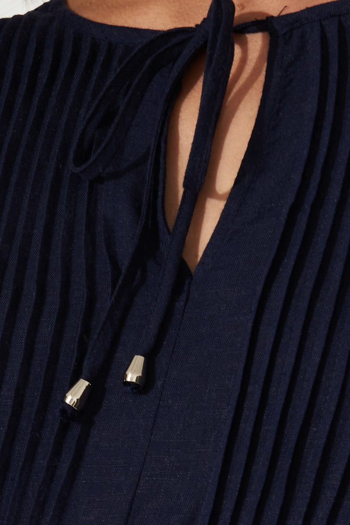 Evelyne Maxi Dress in Navy Linen Blend - Detail