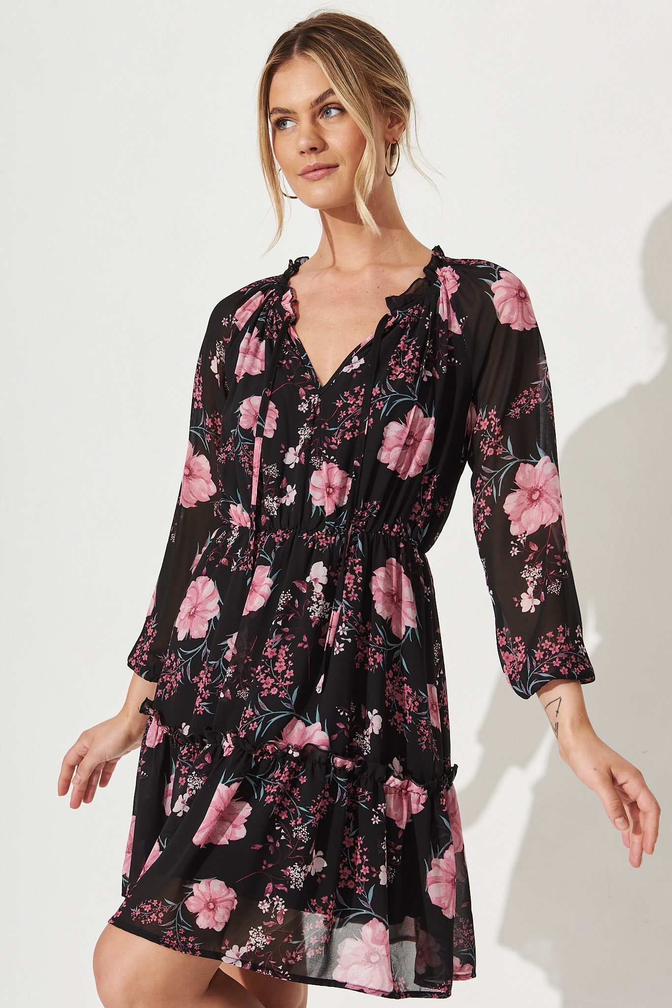 Roula Dress in Black with Purple Floral Chiffon - Front