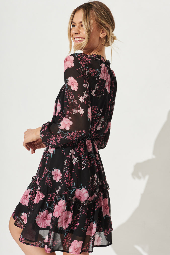 Roula Dress in Black with Purple Floral Chiffon - Side