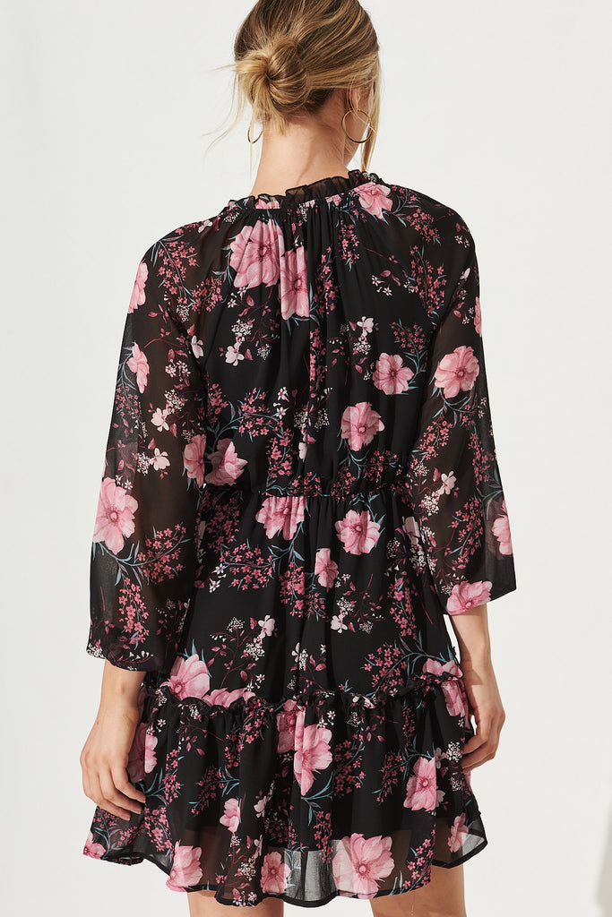 Roula Dress in Black with Purple Floral Chiffon - Back