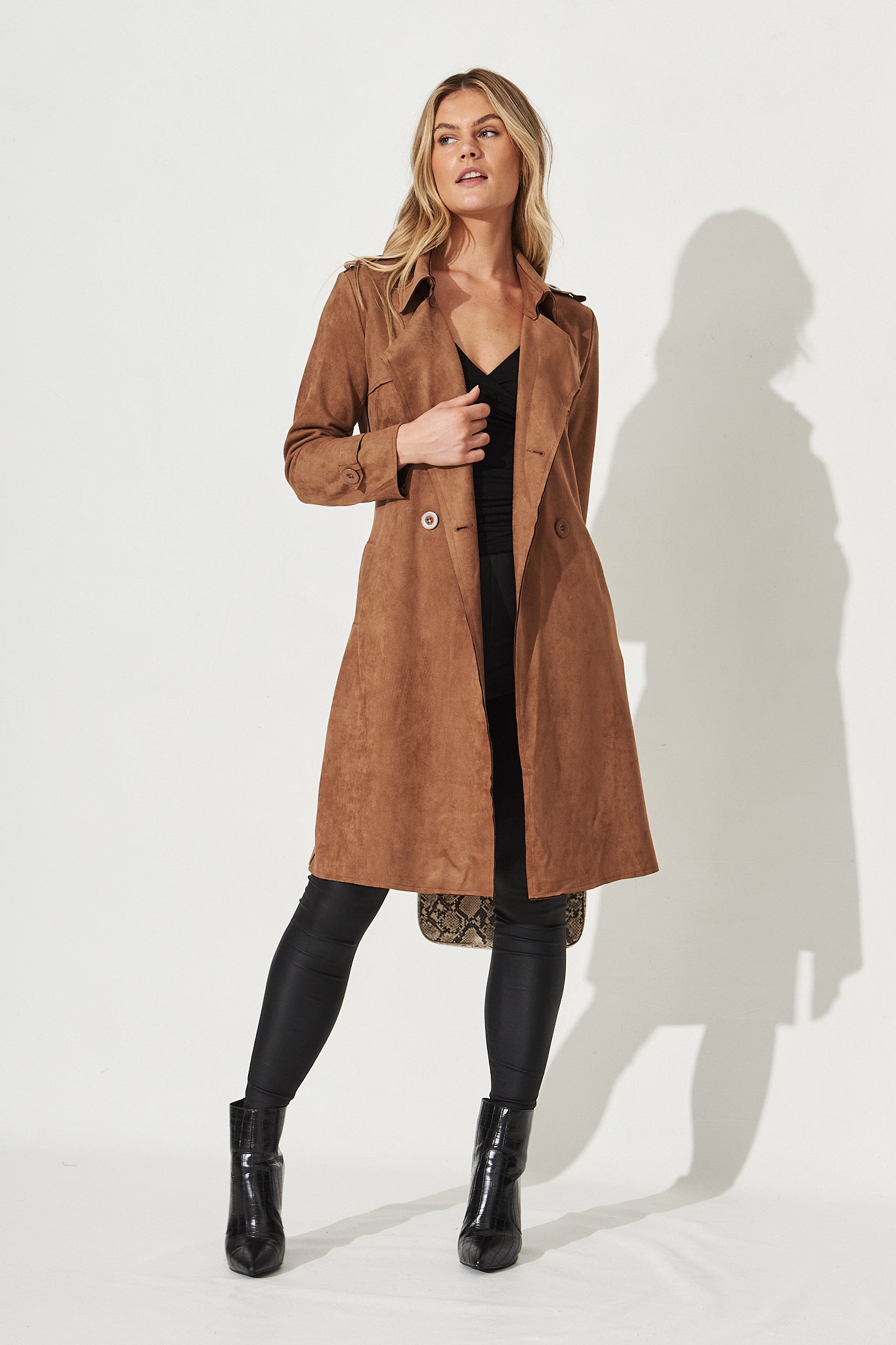 Mirage Trench Coat in Tan Suedette - Full Length