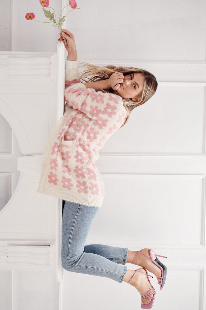 Fressy Knit Cardigan In Cream With Pink Floral