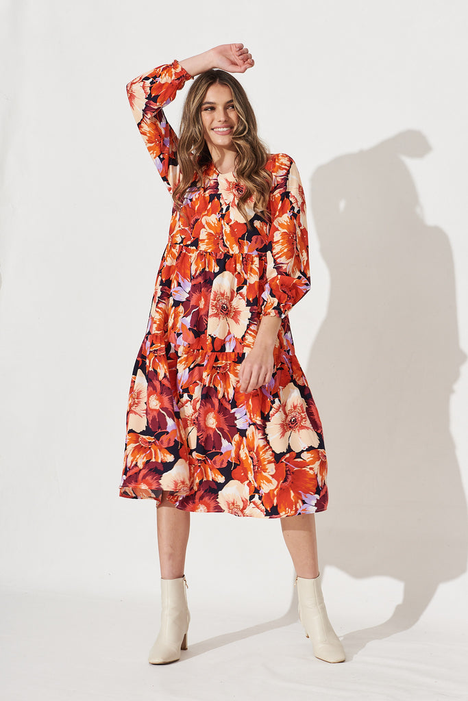 Yena Midi Dress In Navy With Rust Floral - Full Length