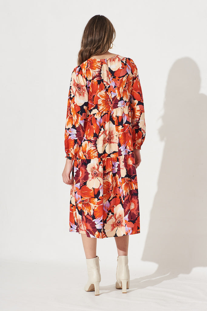 Yena Midi Dress In Navy With Rust Floral - Back