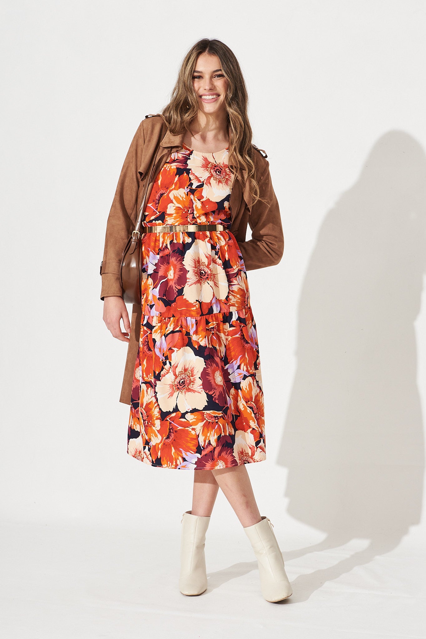 Yena Midi Dress In Navy With Rust Floral - Full Length Detail