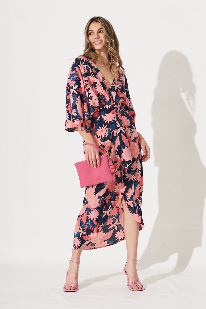Joyful Midi Dress In Teal With Blush Floral Satin - Full Length
