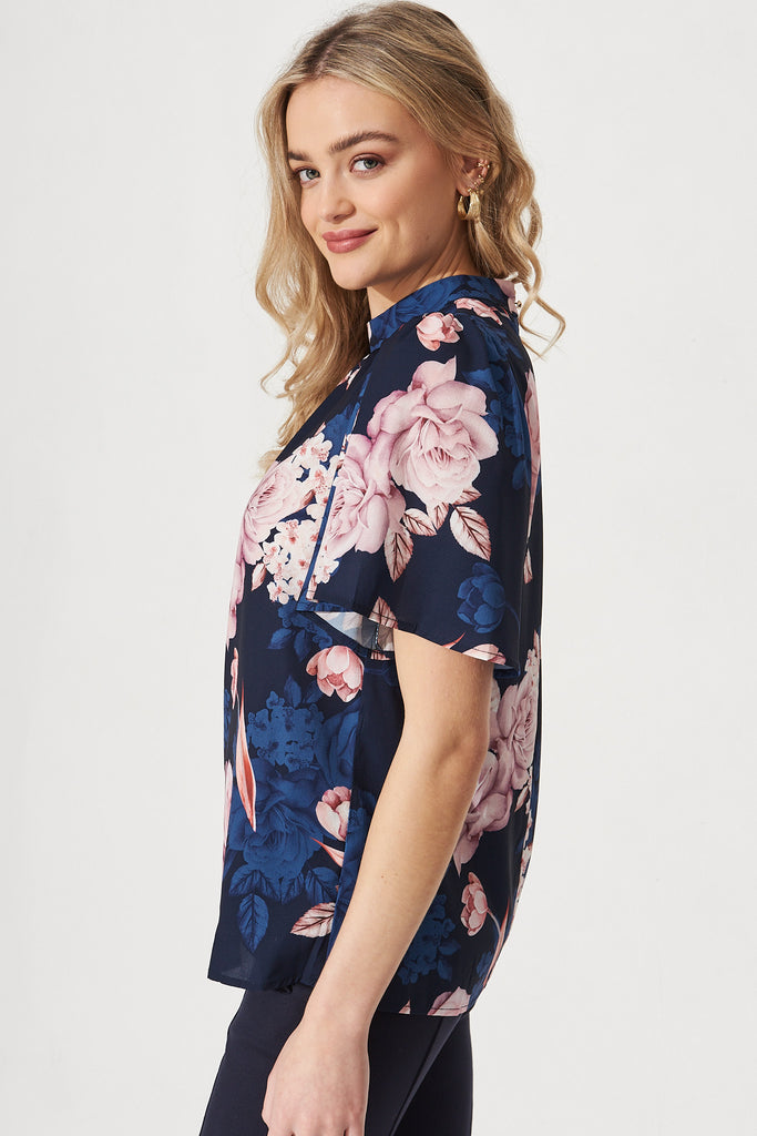 Megan Top in Navy with Blush Floral - Side