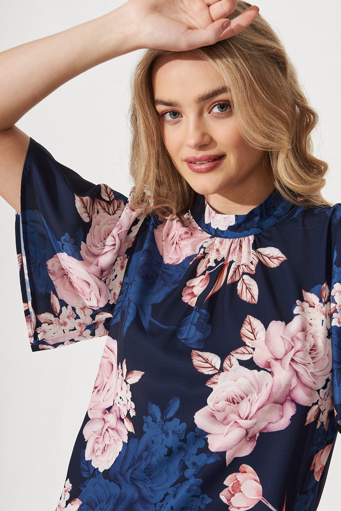 Megan Top in Navy with Blush Floral - Detail