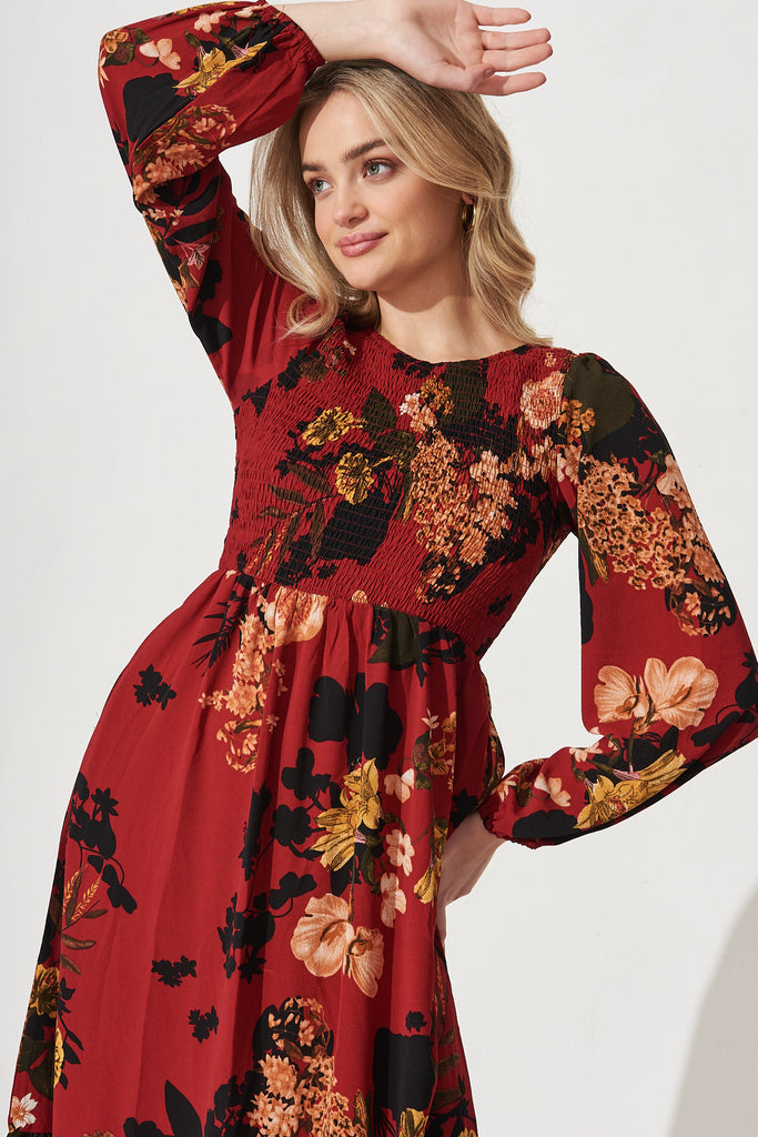 Jasmina Midi Dress In Red With Black Floral - Front