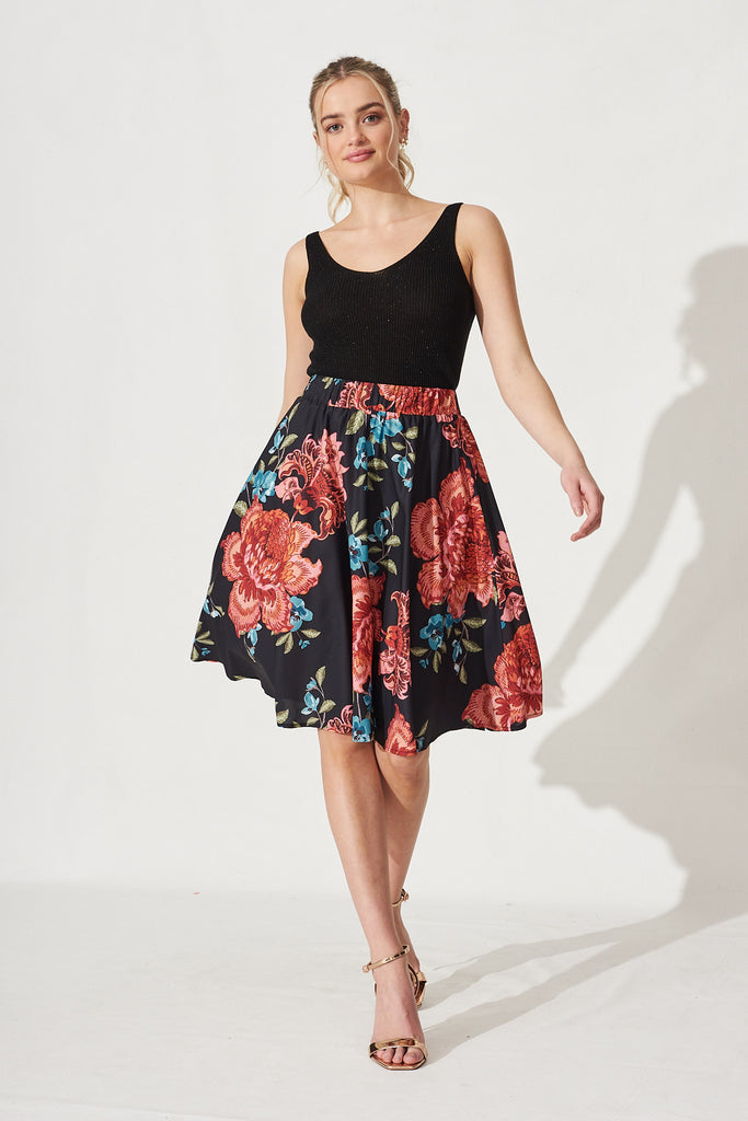 Hunny Skirt In Black With Red Floral - Full Length