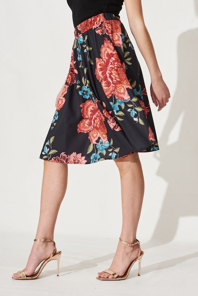 Hunny Skirt In Black With Red Floral - Side