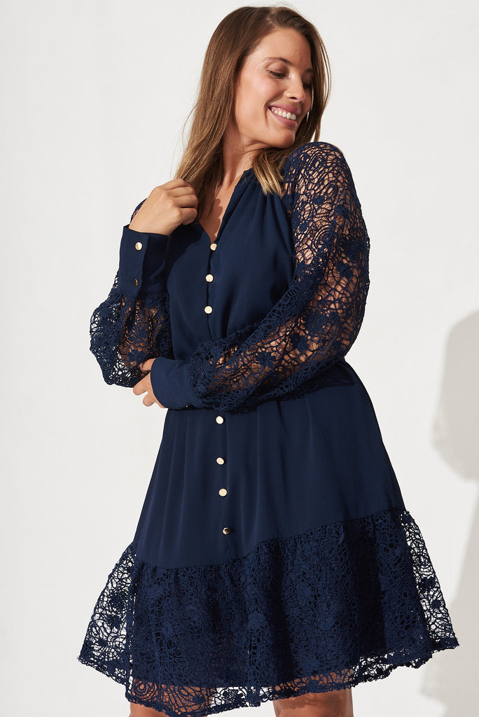 Alannah Dress In Navy Lace - Front