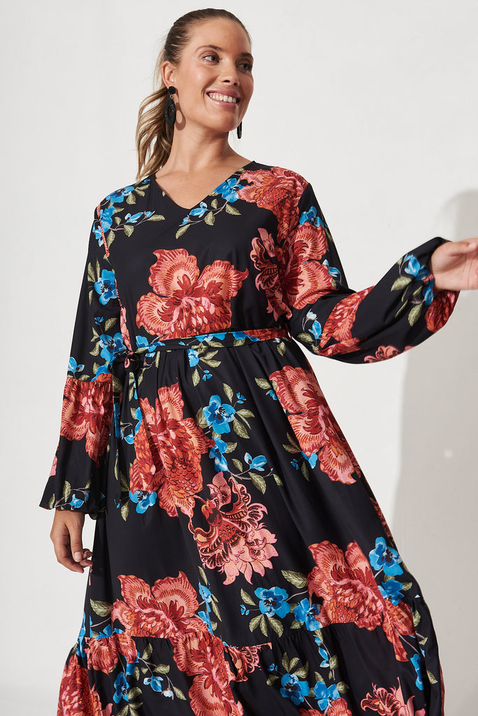 Bruna Midi Dress In Black With Red Floral - Front