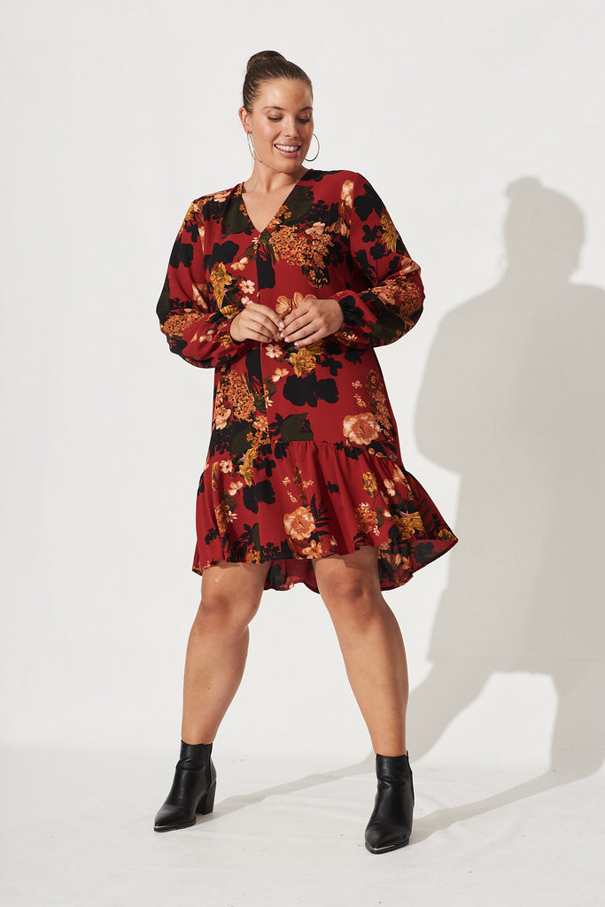 Catania Shift Dress In Red With Black Floral - Full Length