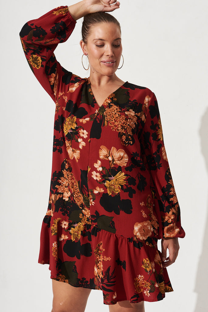 Catania Shift Dress In Red With Black Floral - Front